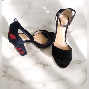 Melly Nottion Black Velvet Embroidered Roses Heels